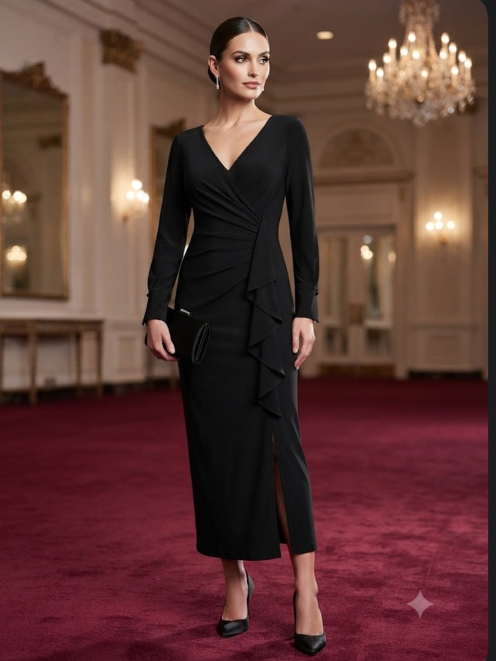 XSCAPE Black Ruched V-Neck Midi Dress Women's Size 6P New With Tags